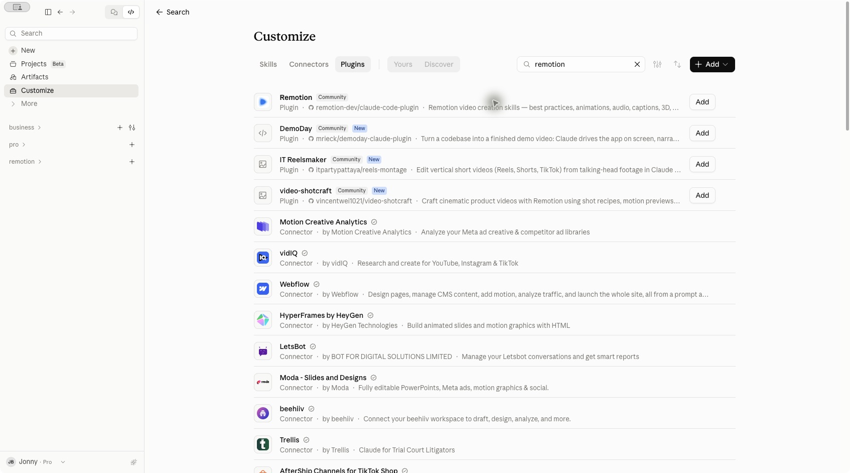 Search results for remotion, with the Remotion plugin and its Add button at the top